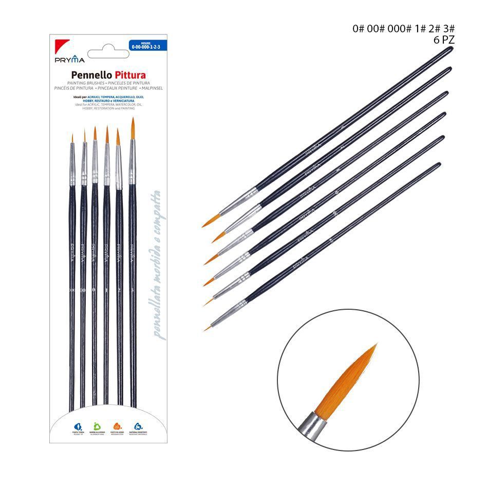 Juego de pinceles de nylon extrafinos redondos 6 piezas - Material de bellas artes