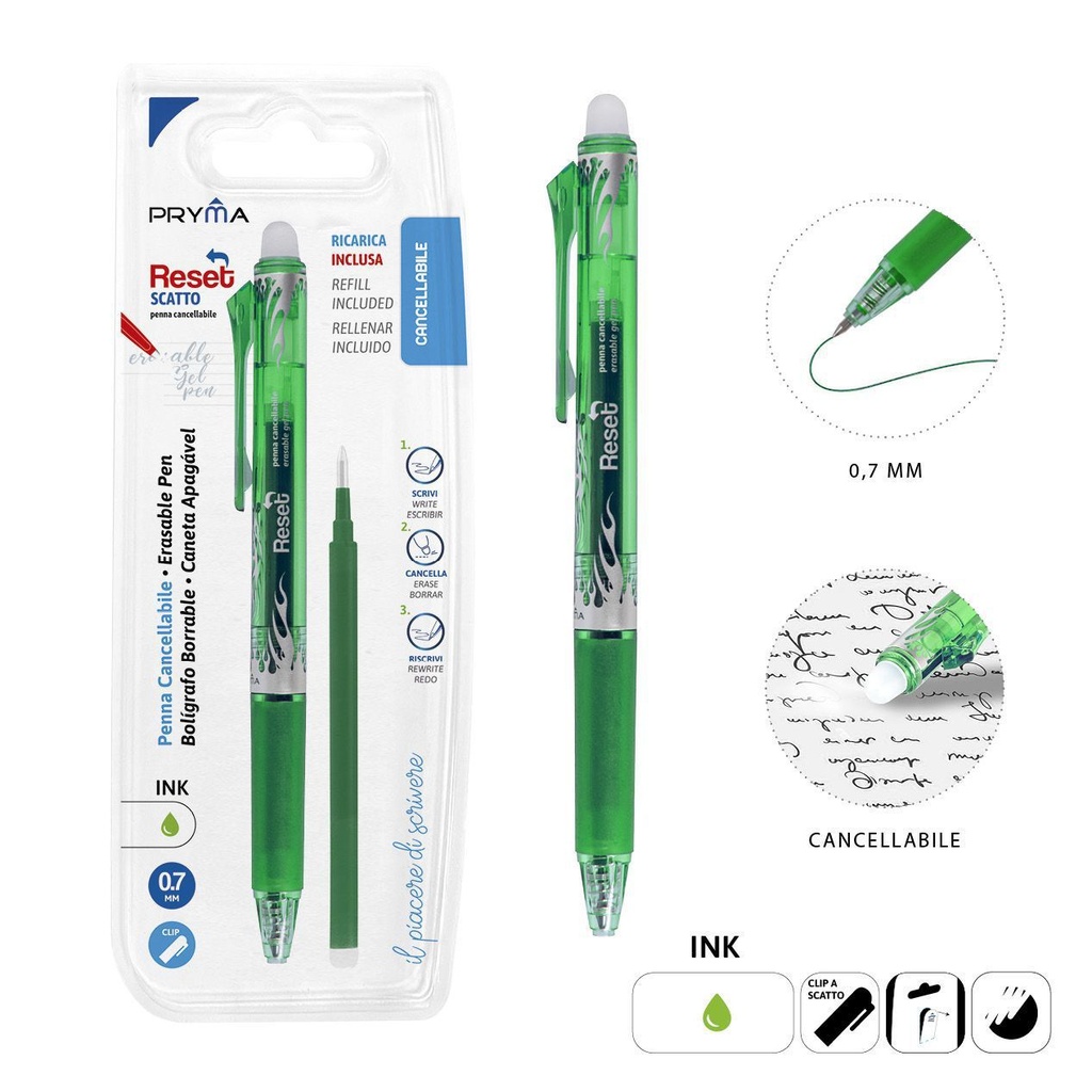 Bolígrafo borrable 0.7mm + recambio verde - Utensilios de escritura