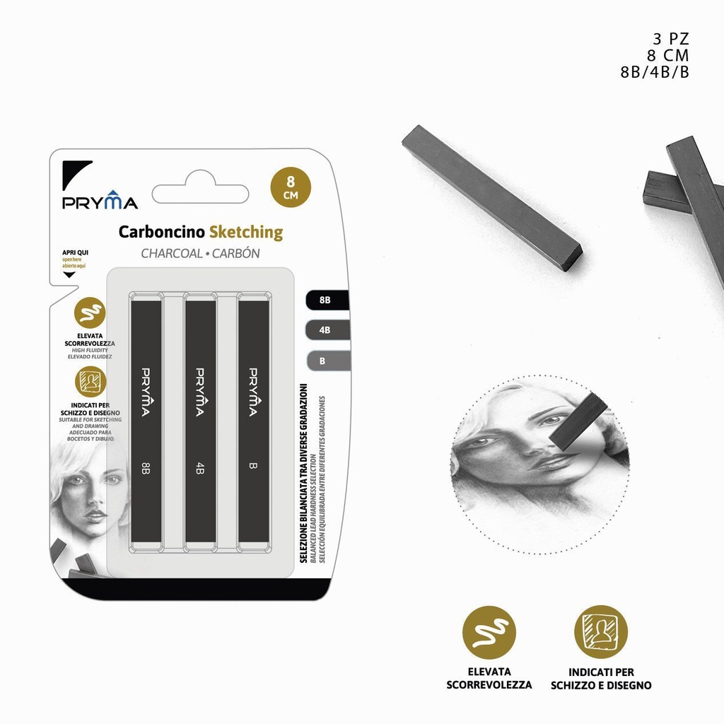 Barra de carboncillo para dibujo 1x8cm 8B-4B-B (3 pzs)