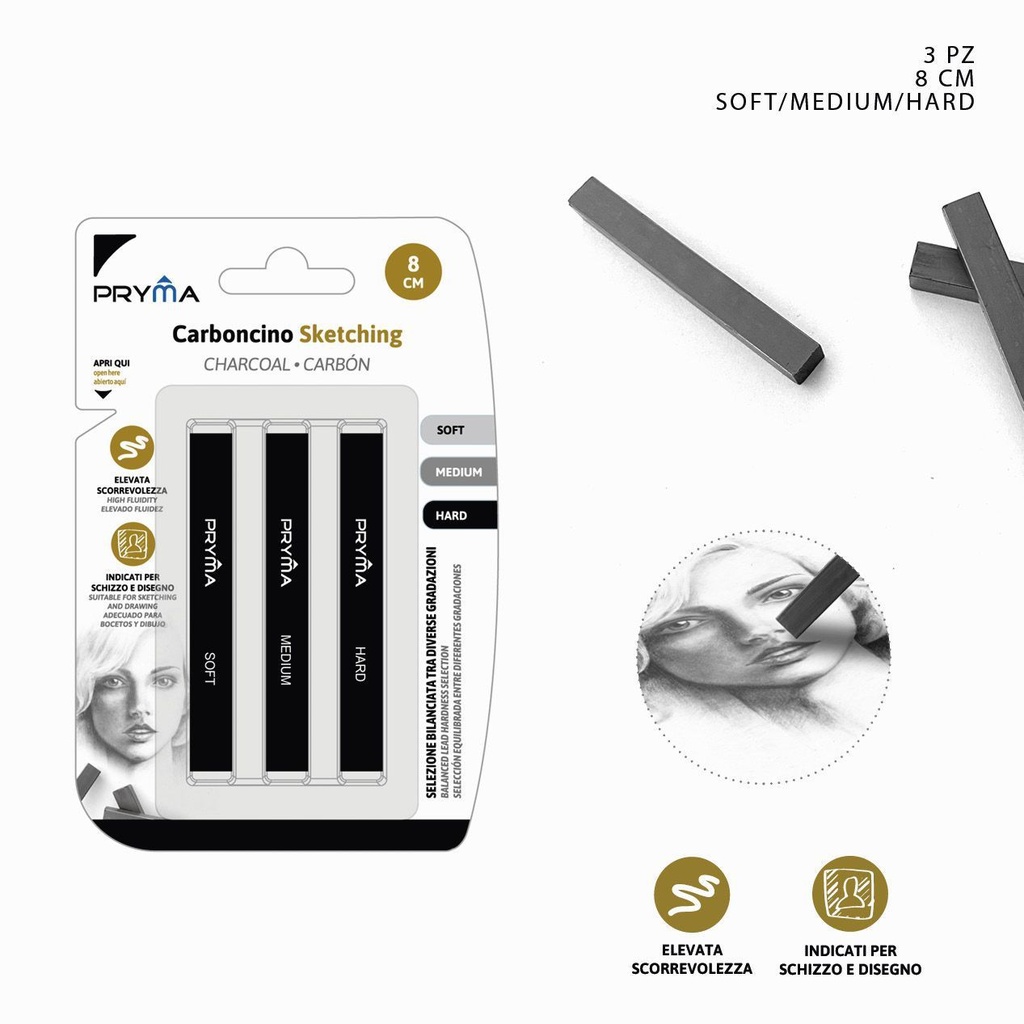 Barra de carboncillo 1x8cm suave-medio-duro 3pz para dibujo y arte