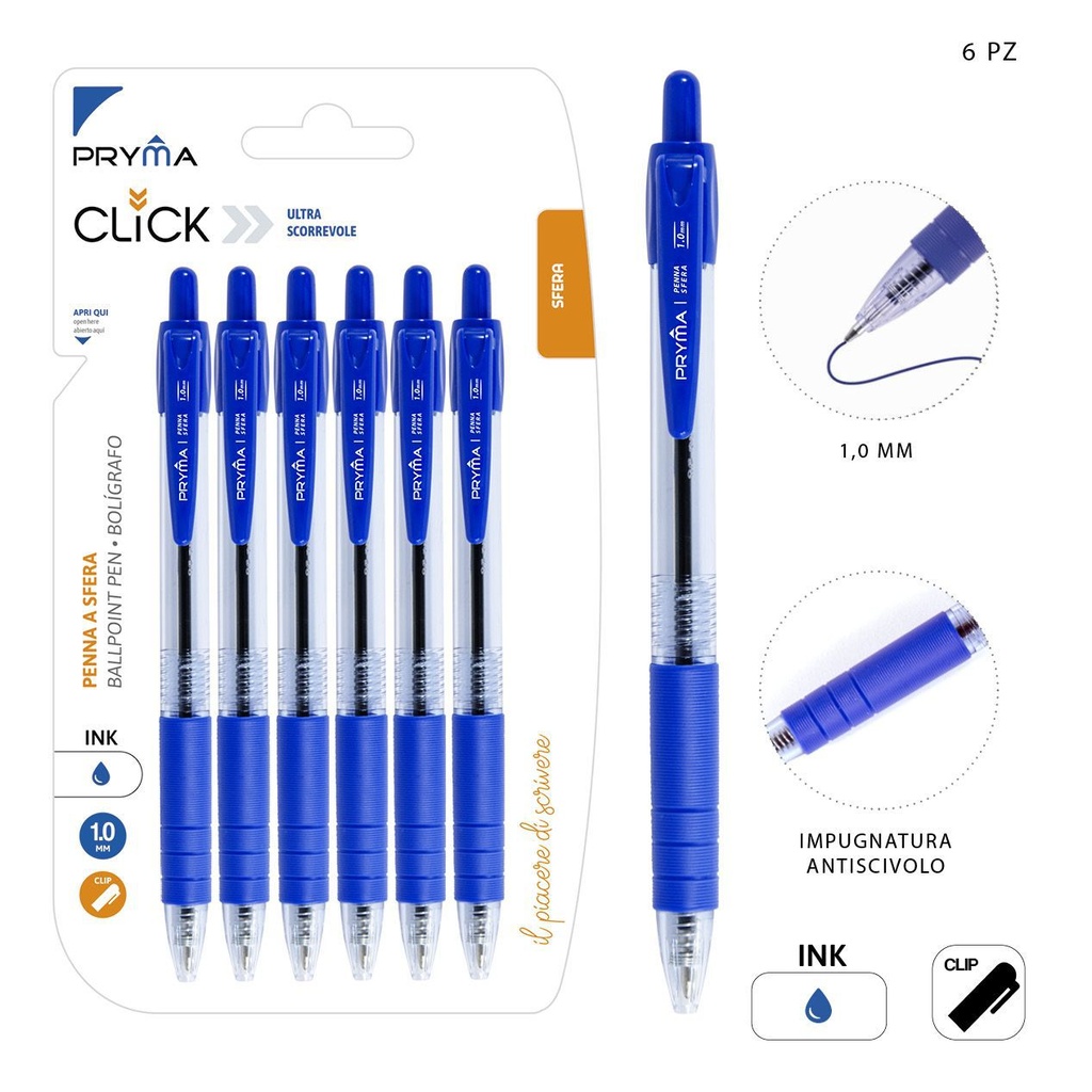 Bolígrafo de clic 1mm 6pz azul material escolar