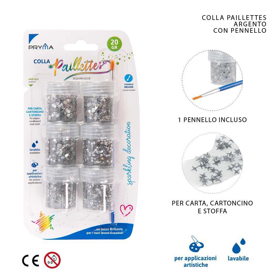 Pegamento con lentejuelas plata 20g 6pz con pincel para manualidades