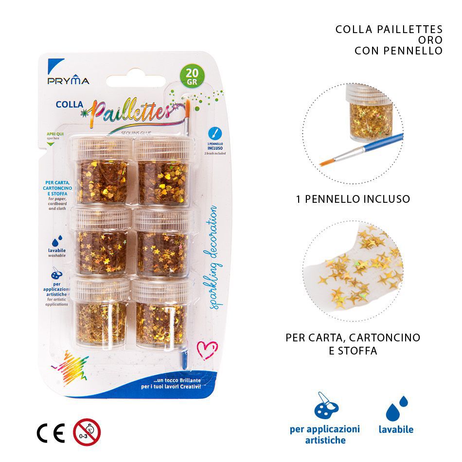 Pegamento con lentejuelas doradas 20g 6pz + pincel para manualidades