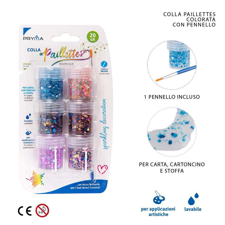 Pegamento con lentejuelas 20g 6pz con pincel para manualidades