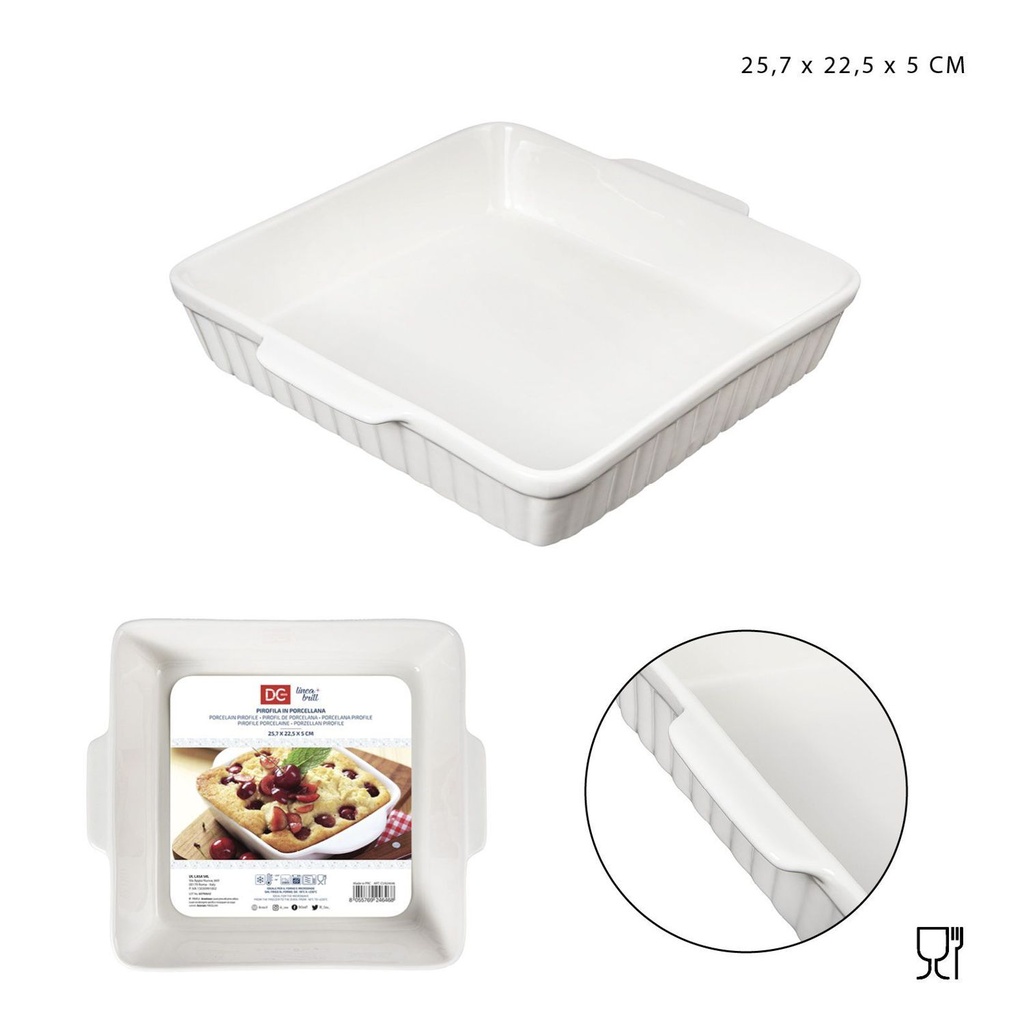 Bandeja de porcelana cuadrada con asas 25.7x22.5x5cm para horno