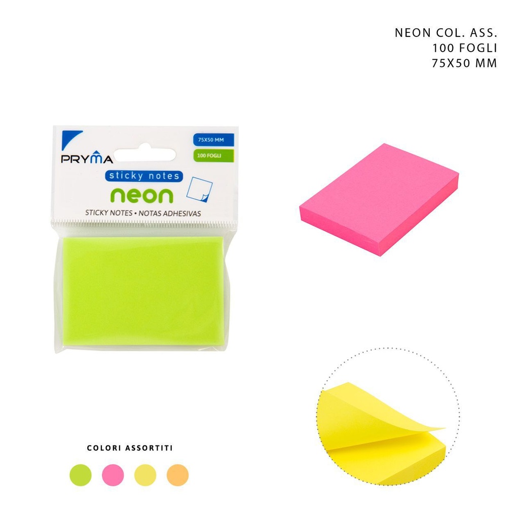 Nota adhesiva 75x50mm - 100 unidades - Colores fluorescentes