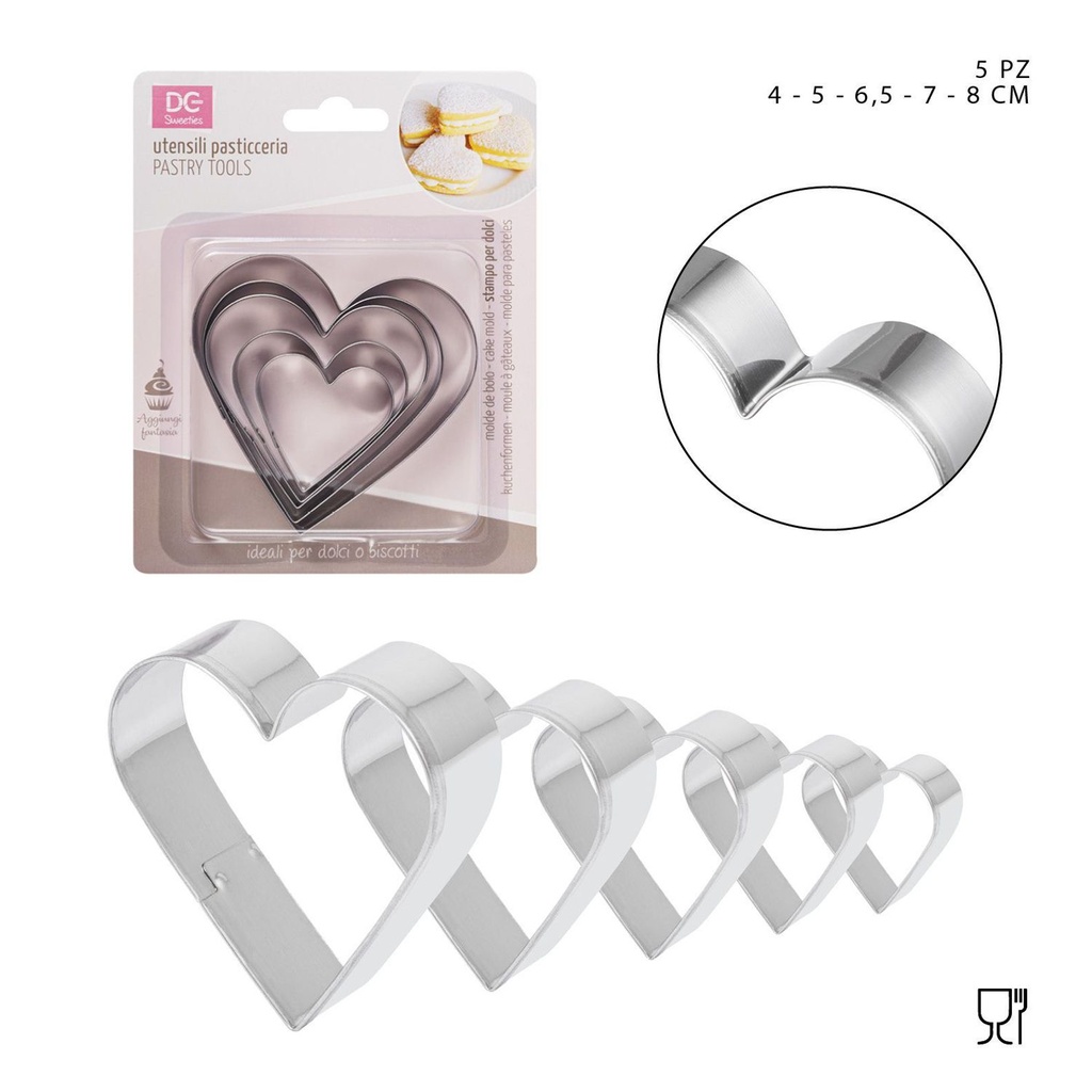 Set de moldes de corazón 4-5-6.5-7-8cm 5pz para repostería