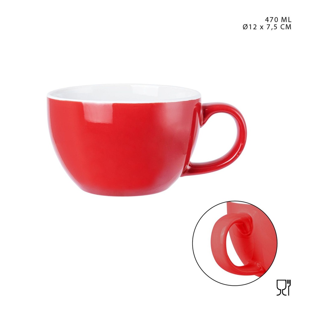 Taza de desayuno de cerámica roja 470ml D12x7.5cm con asa