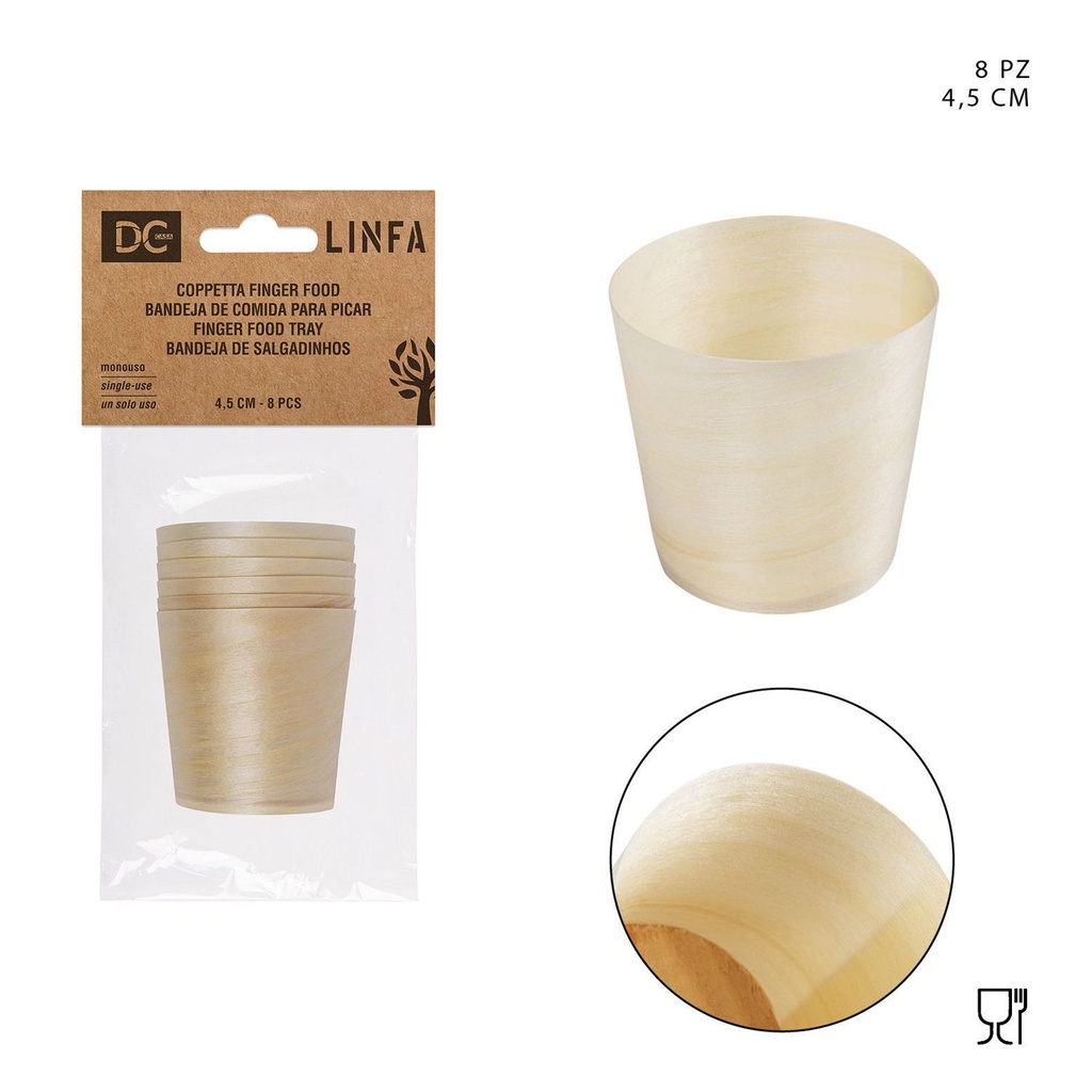 Vasos de madera para aperitivos 4.5cm 8pz para cocina y fiestas