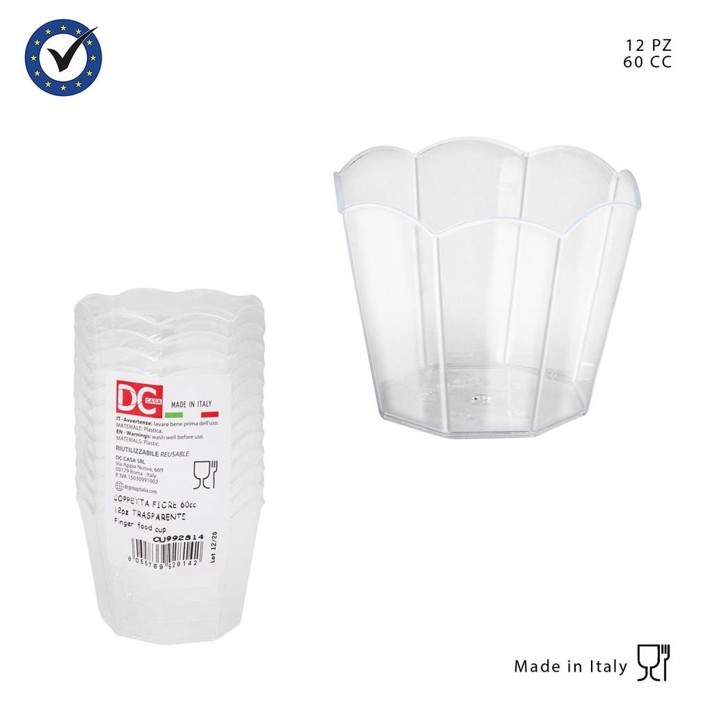 Taza plástica con forma de flor transparente 60ml 12pz para fiestas