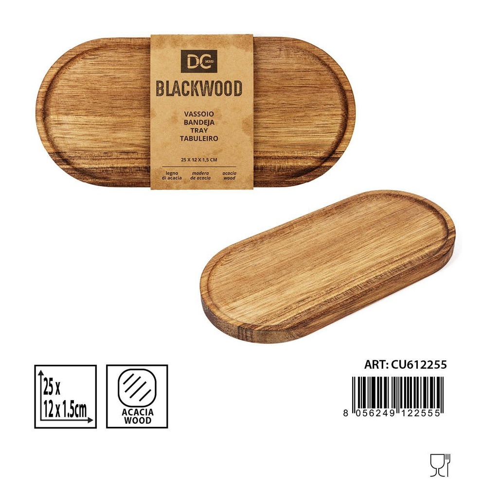 Bandeja oval de acacia 25x12x1.5cm para servir alimentos