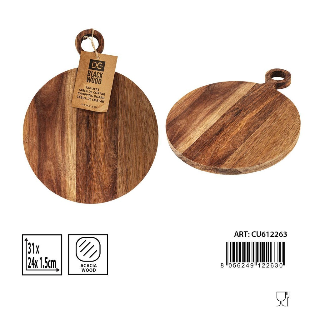 Tabla de cortar redonda con mango acacia 31x24x1.5 cm - Utensilios de cocina