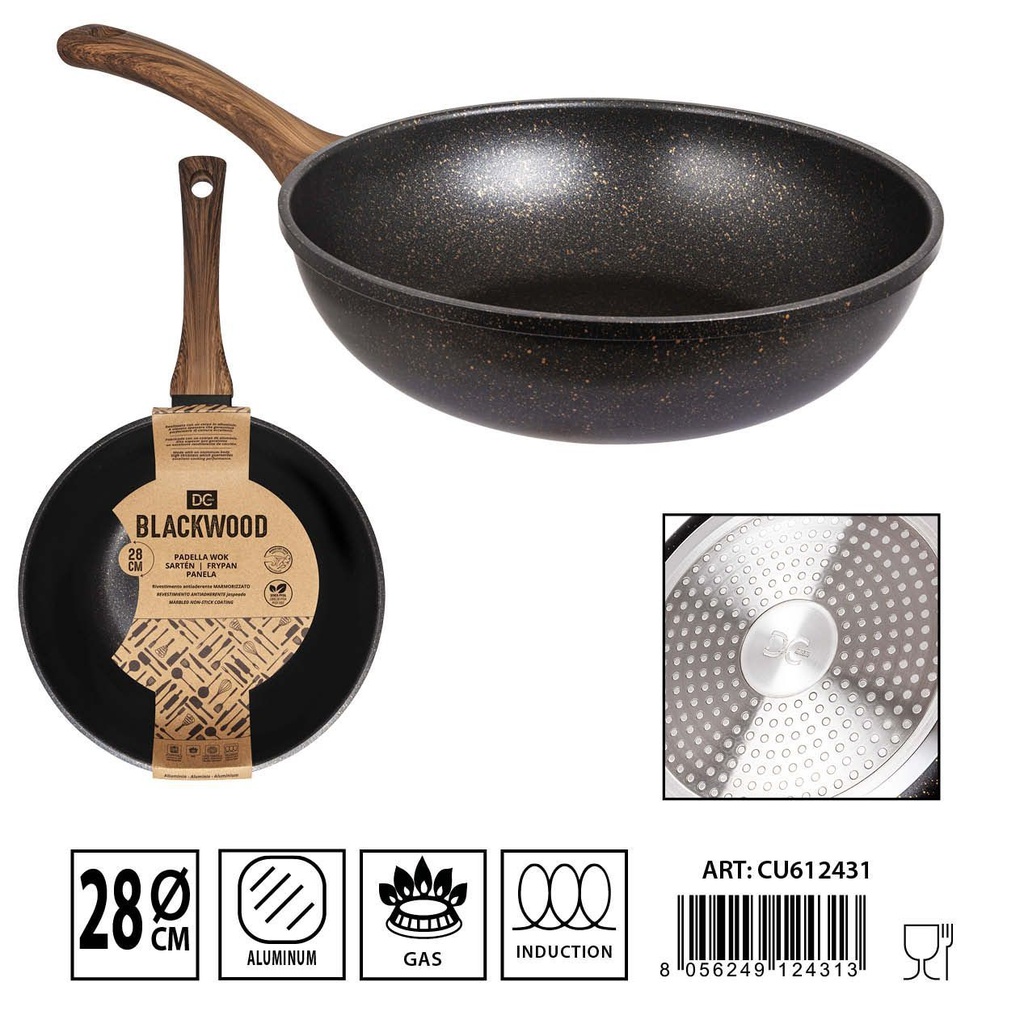 Sartén wok antiadherente para inducción con mango de madera 28cm