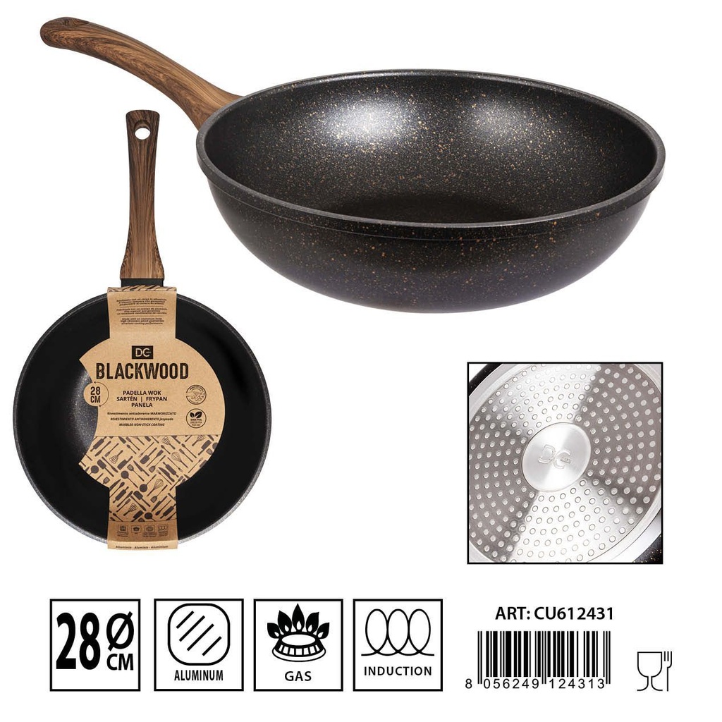 Sartén wok de inducción 28 cm - Sartén antiadherente con mango de madera