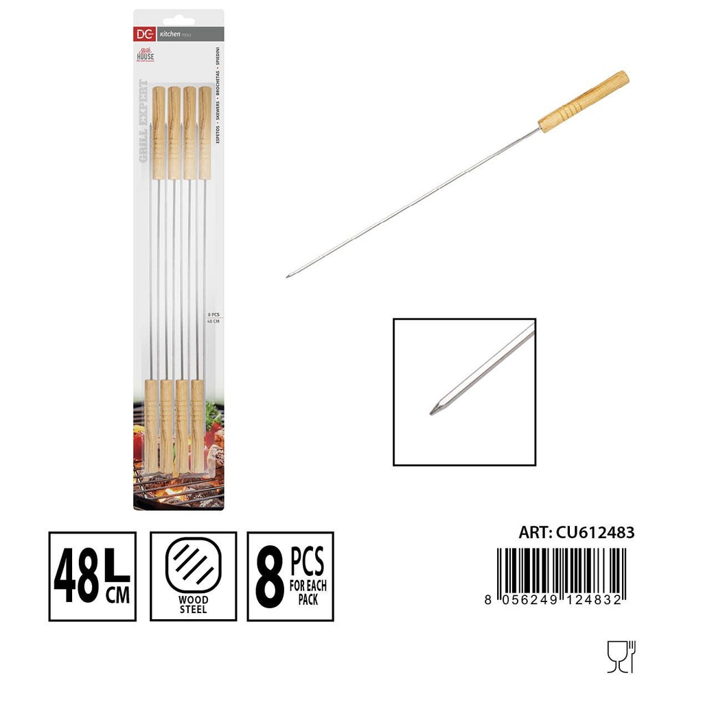 Brochetas de acero inoxidable 48 cm 8 unidades - Utensilios de cocina