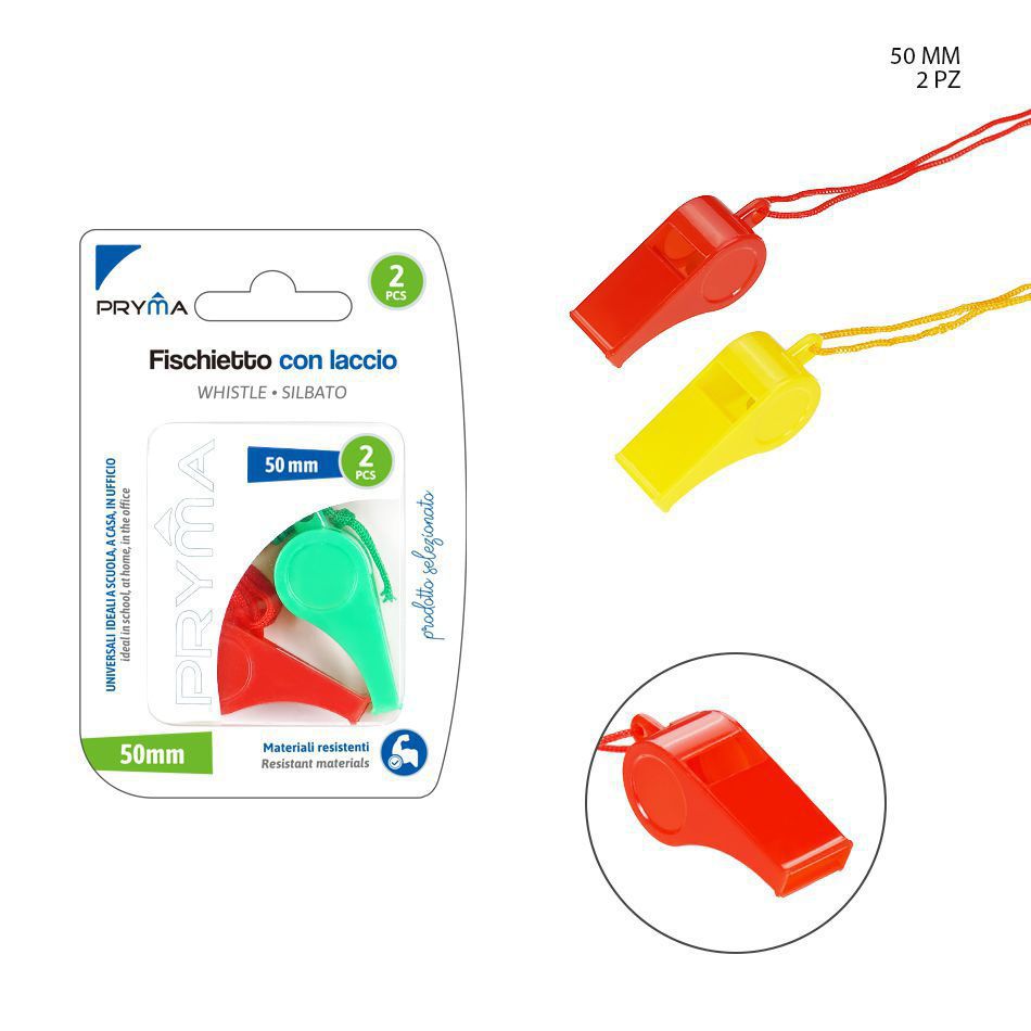 Silbato de plástico con cuerda 50mm 2pz