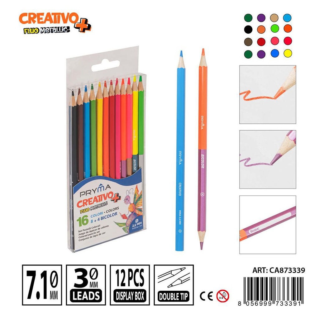 Lápices bicolor color metálico y fluo 12 PZ - Material artísticos