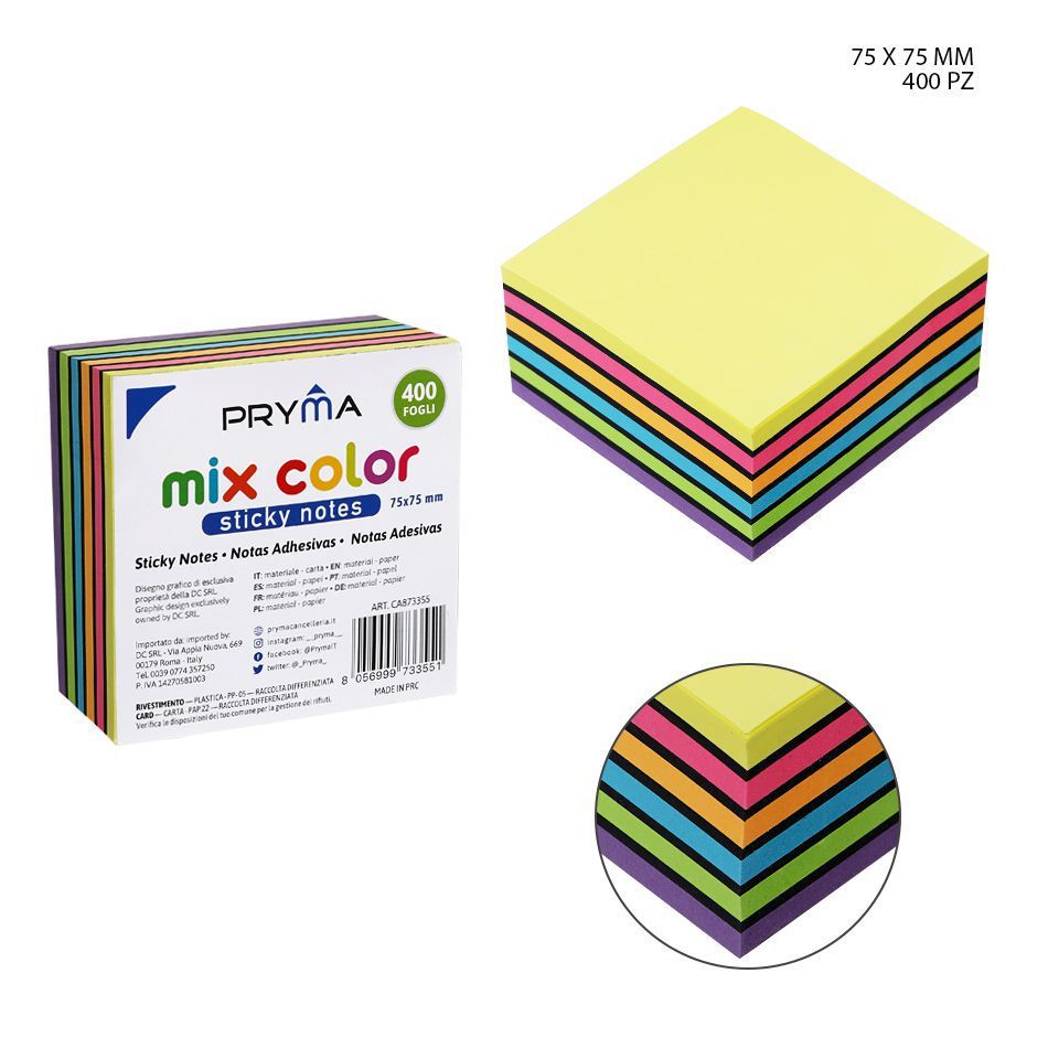 Bloc de notas mix fluo y negro 75x75mm 400 hojas