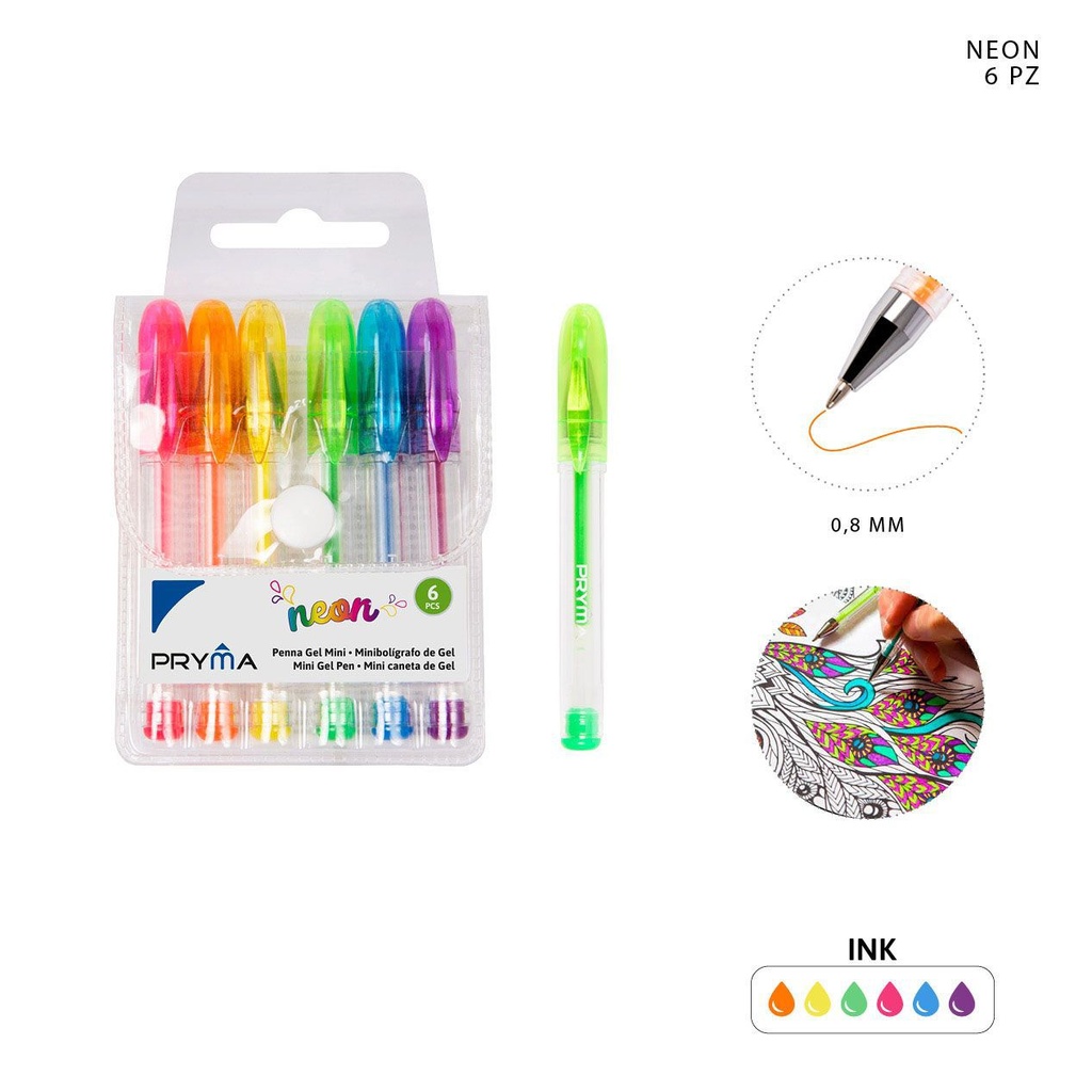 Bolígrafo mini de gel fluorescente 0.8mm 6pz para escritura y papelería