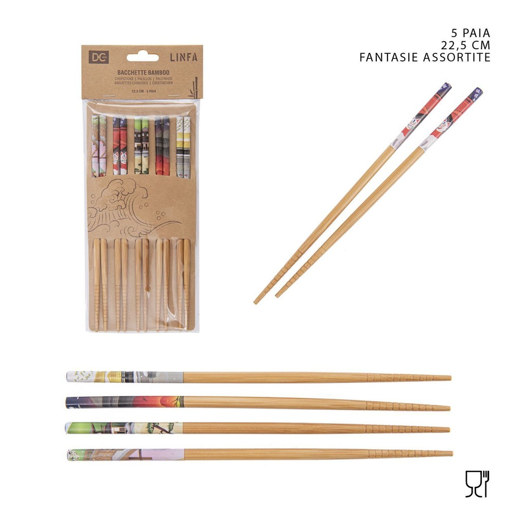 Palillos de bambú decorados 22.5cm, 5 pares, para cocina