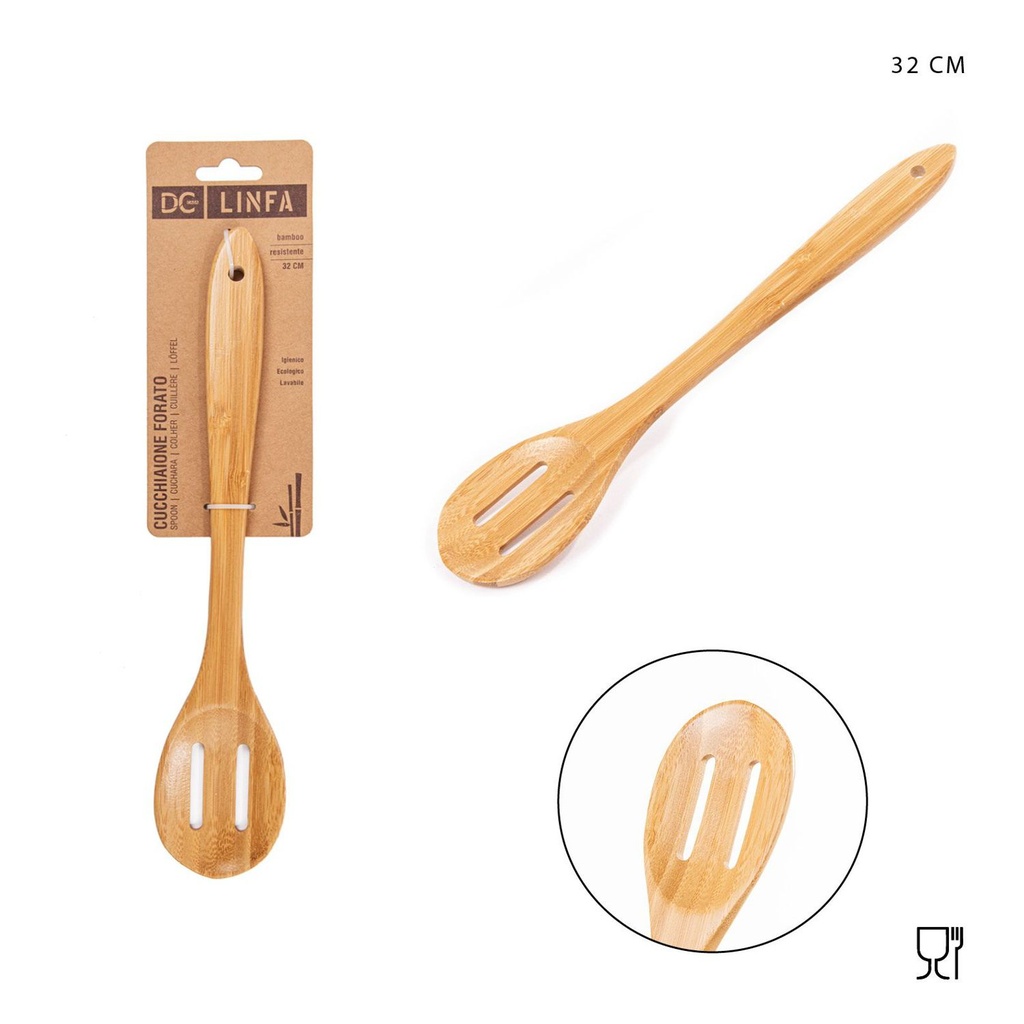 Cuchara grande perforada de bambú 32x6cm para cocina