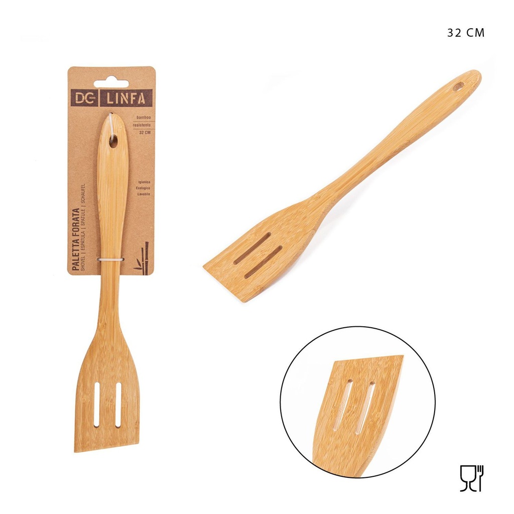 Espátula perforada oblicua de bambú 32x6cm para cocina