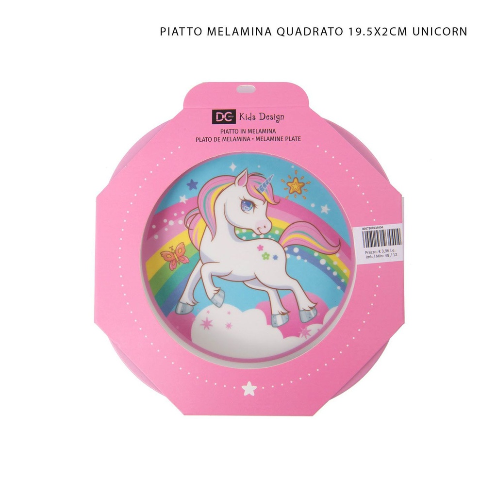 Plato de melamina cuadrado 19.5x2cm con diseño de unicornio para niños