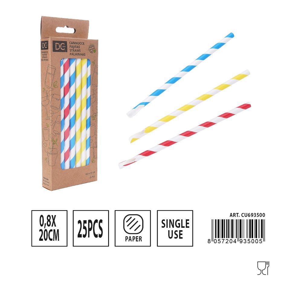 Pajitas de papel a rayas de colores 0.8x20cm 25pz desechables