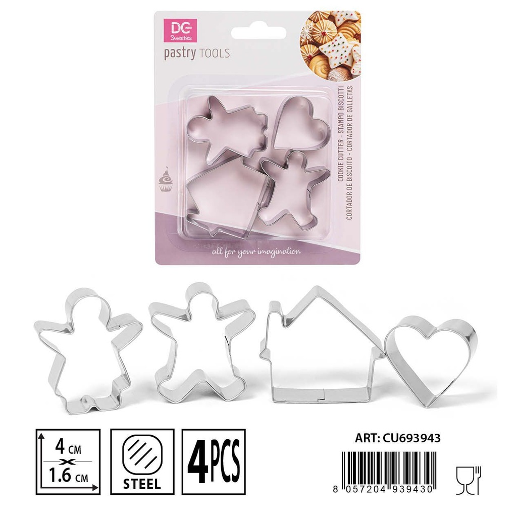 Molde para galletas familiares 4pcs (casita, corazón, muñequito)