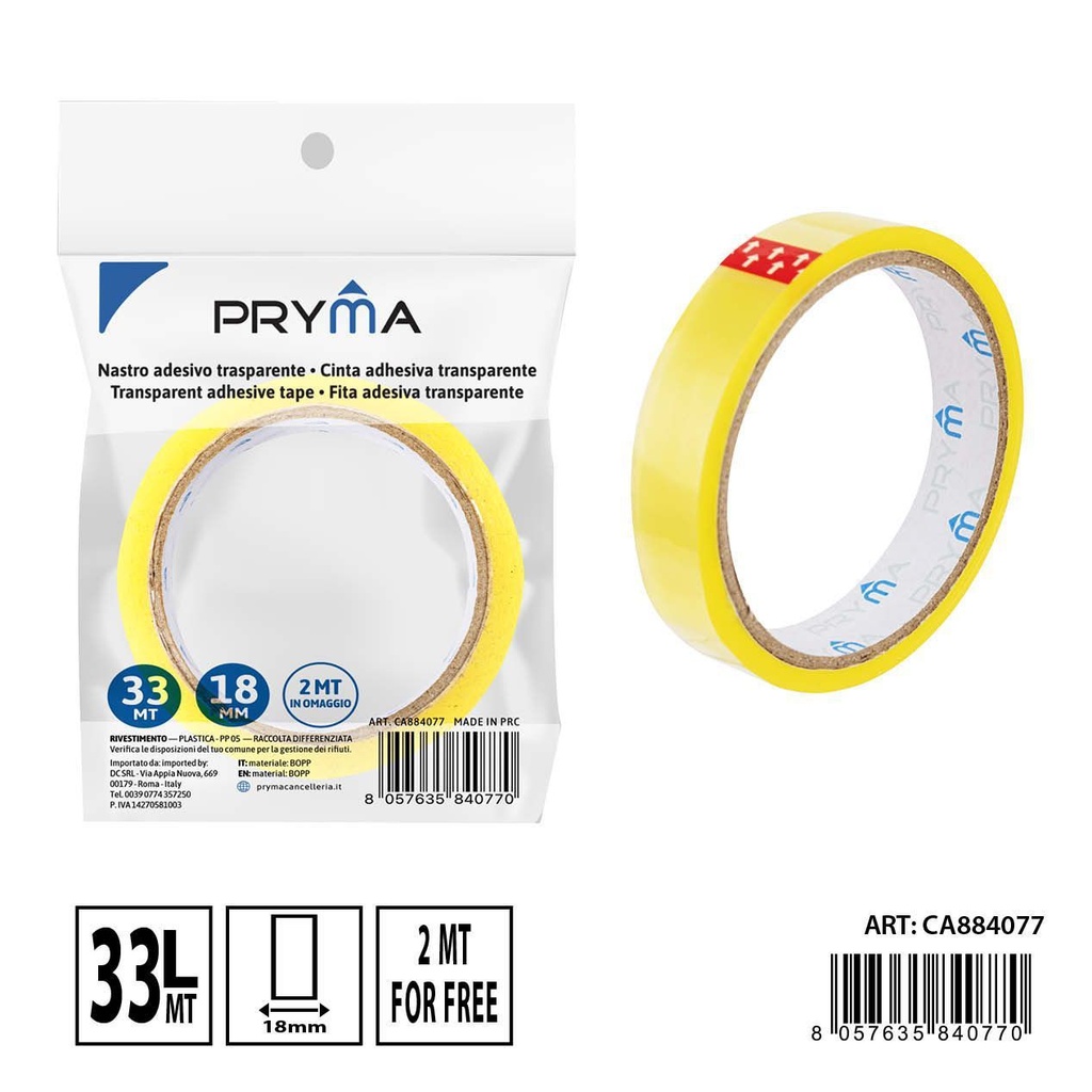 Cinta adhesiva amarilla transparente 18mmx33m - Suministros de oficina