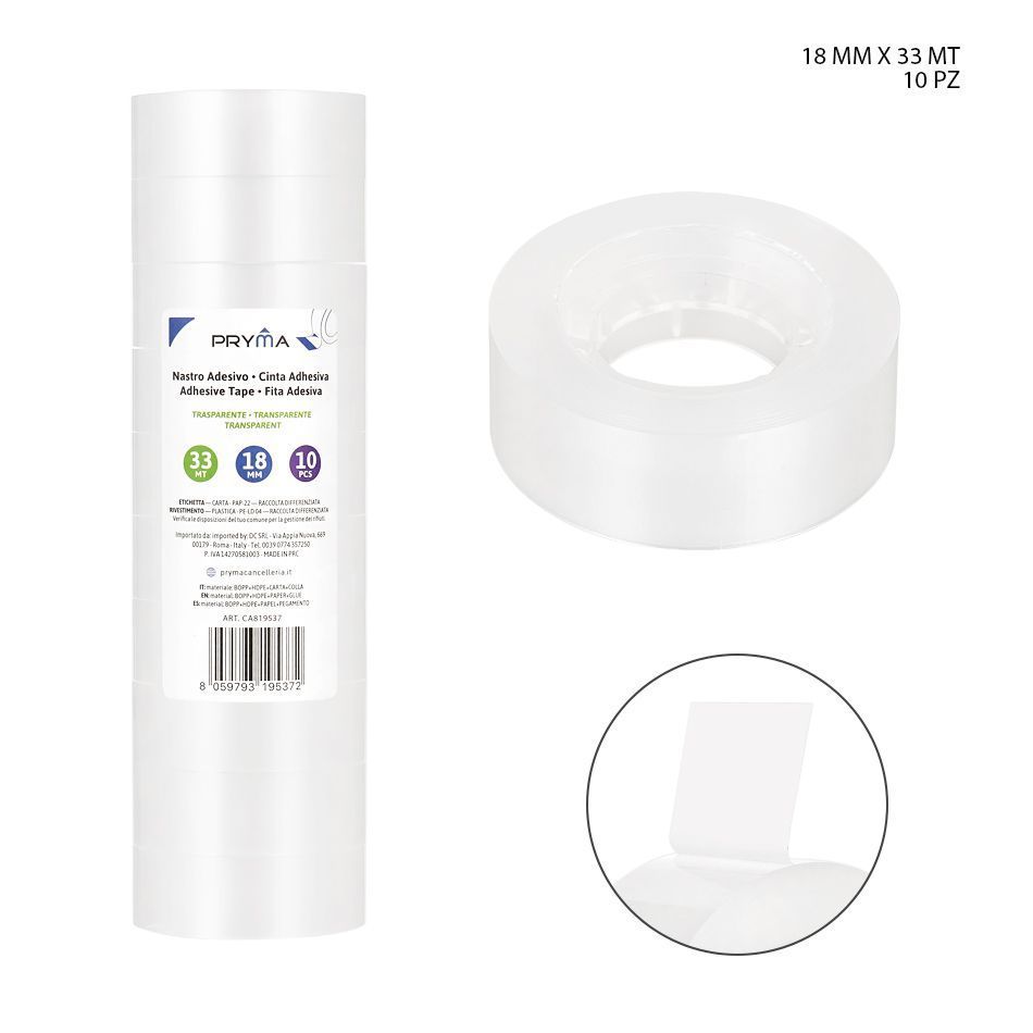 Cinta adhesiva transparente 18mm x 33m 10 piezas - Suministros de oficina