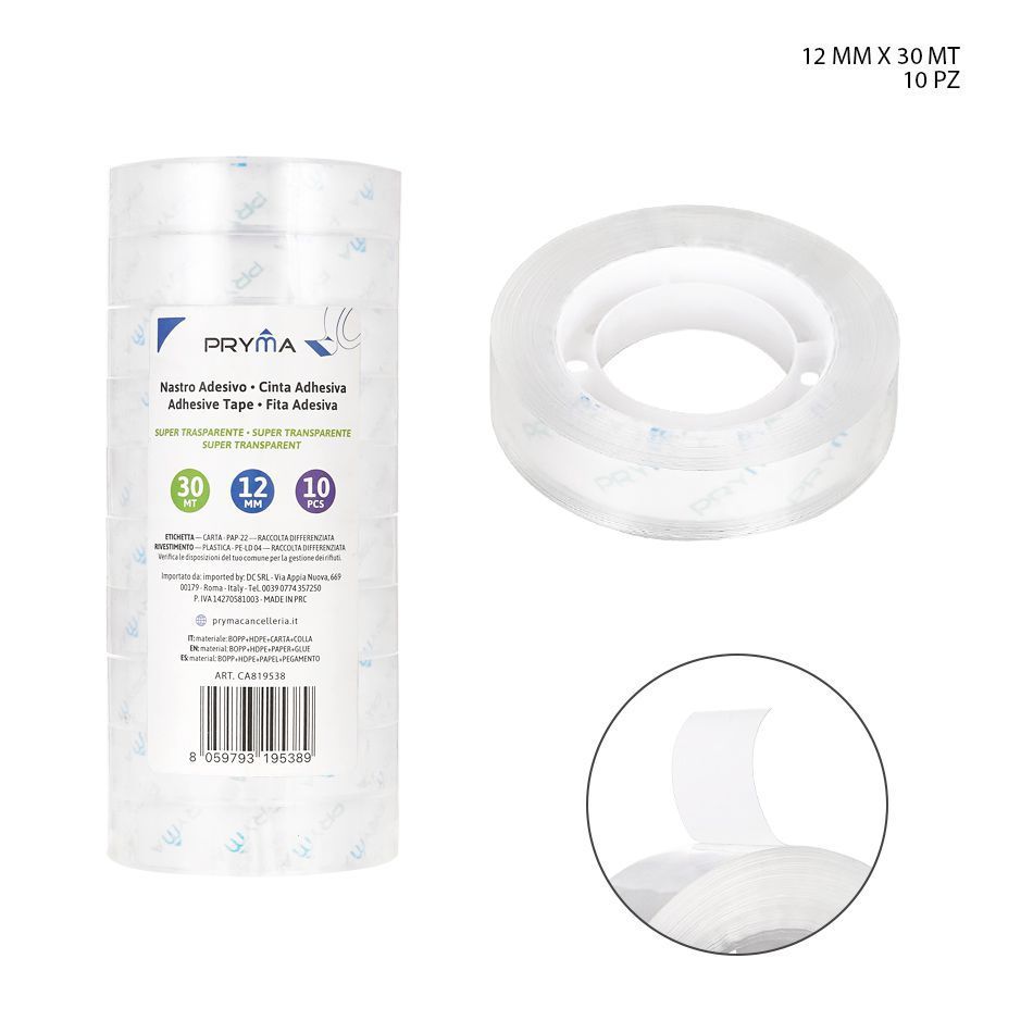 Cinta adhesiva super transparente 10mm x 30m 10pzs - Suministros de oficina