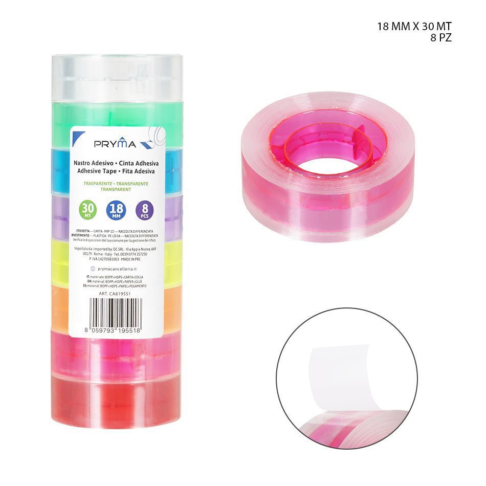 Cinta adhesiva transparente colorida 18mm x 30m 8 piezas - Suministros de oficina