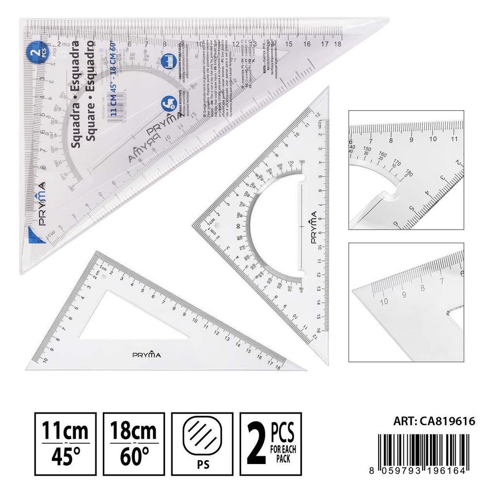 Escuadra 11cm 45° / 18cm 60° 2pz para dibujo técnico