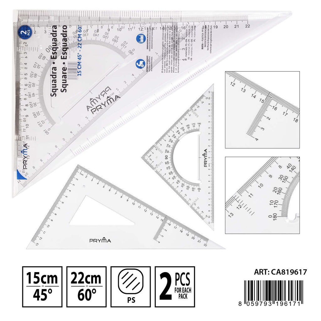 Escuadra triangular transparente 15CM 45° y 22CM 60° 2PZ - Accesorios de colegio