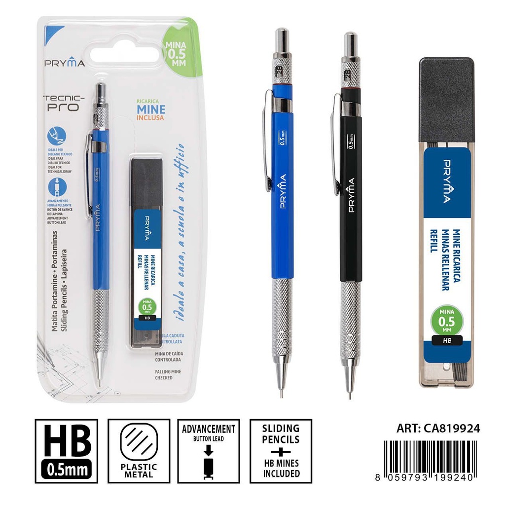 Portaminas + minas de repuesto HB 0.5 mm 2 piezas - Útiles de escritura
