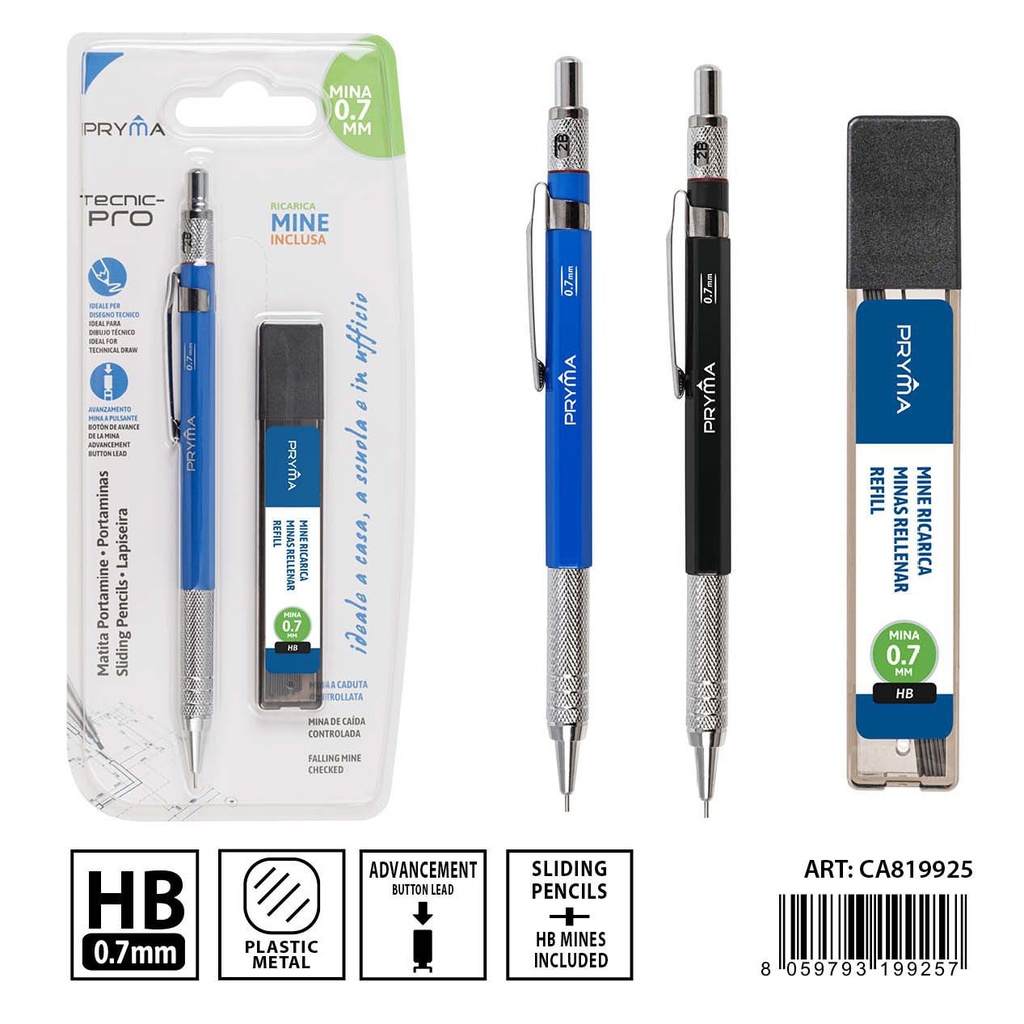 Portaminas + minas de repuesto HB 0.7 mm 2 piezas - Útiles de escritura