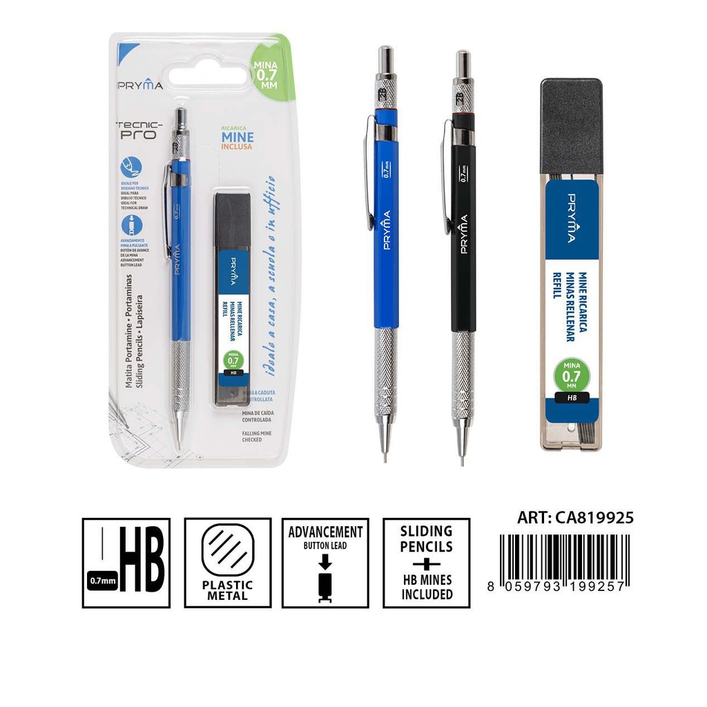 Portaminas con minas de recambio HB 0.7mm 2pcs para escritura