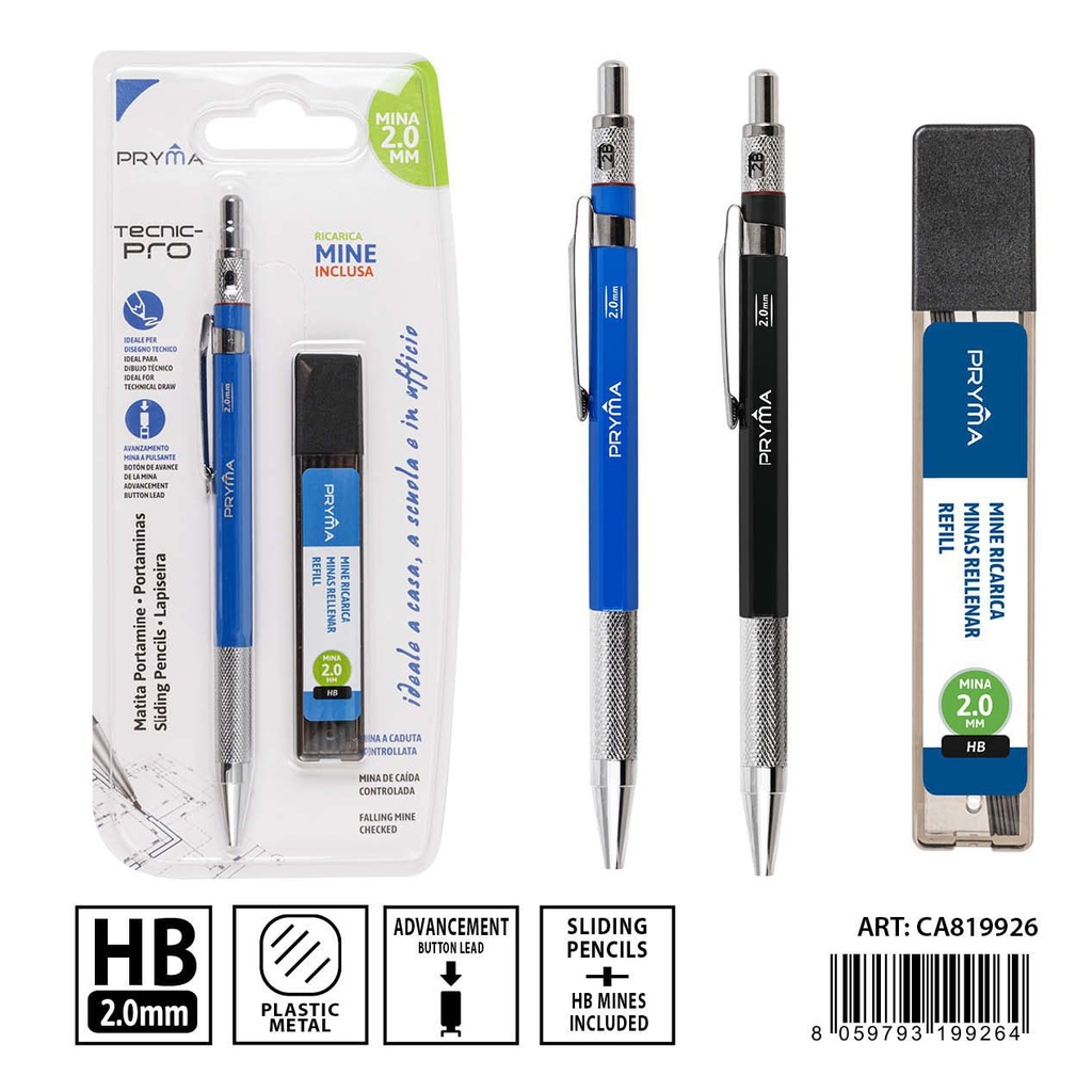 Portaminas + minas de repuesto HB 2.0 mm 2 piezas - Útiles de escritura