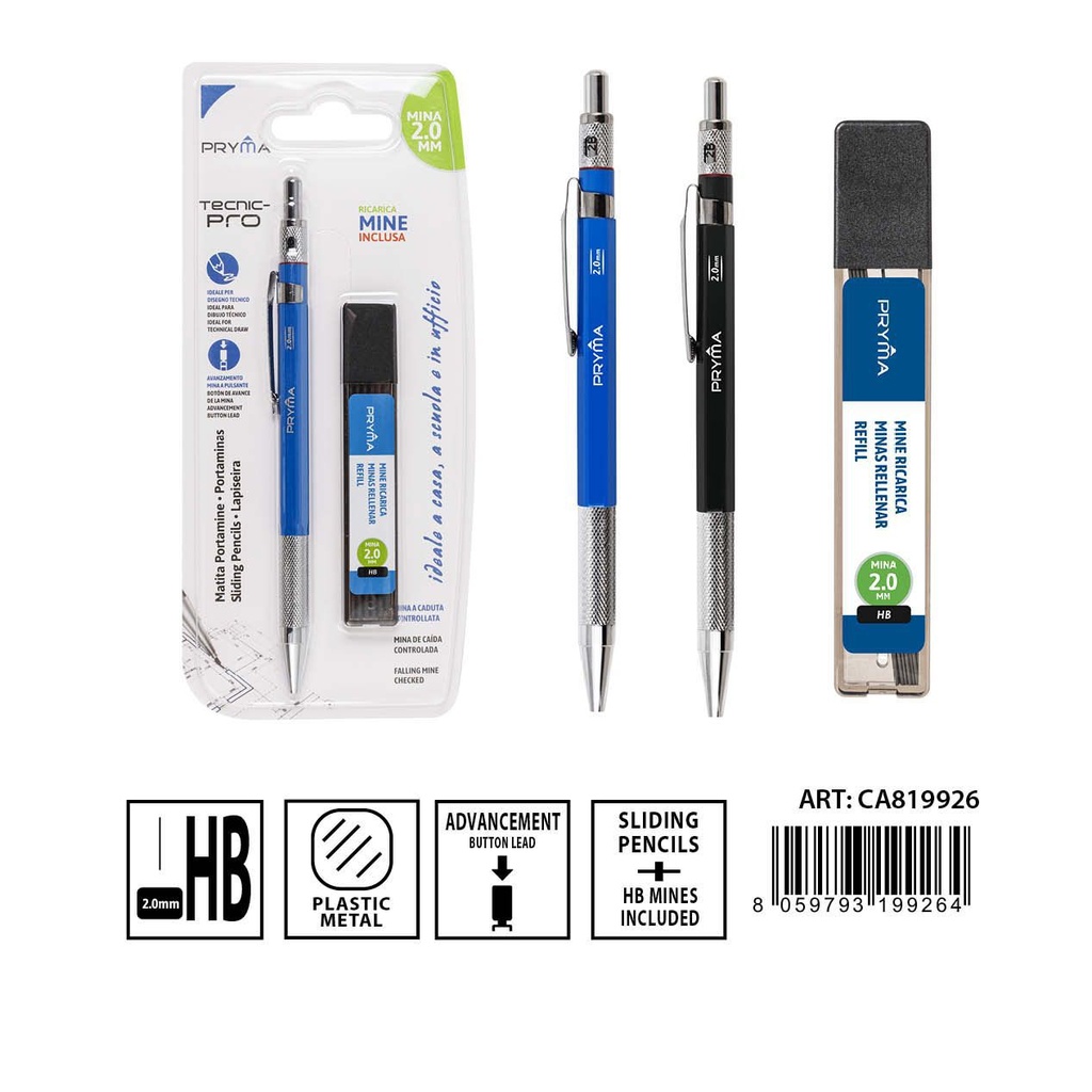 Portaminas y minas de recambio HB 2.0mm 2pcs para escritura