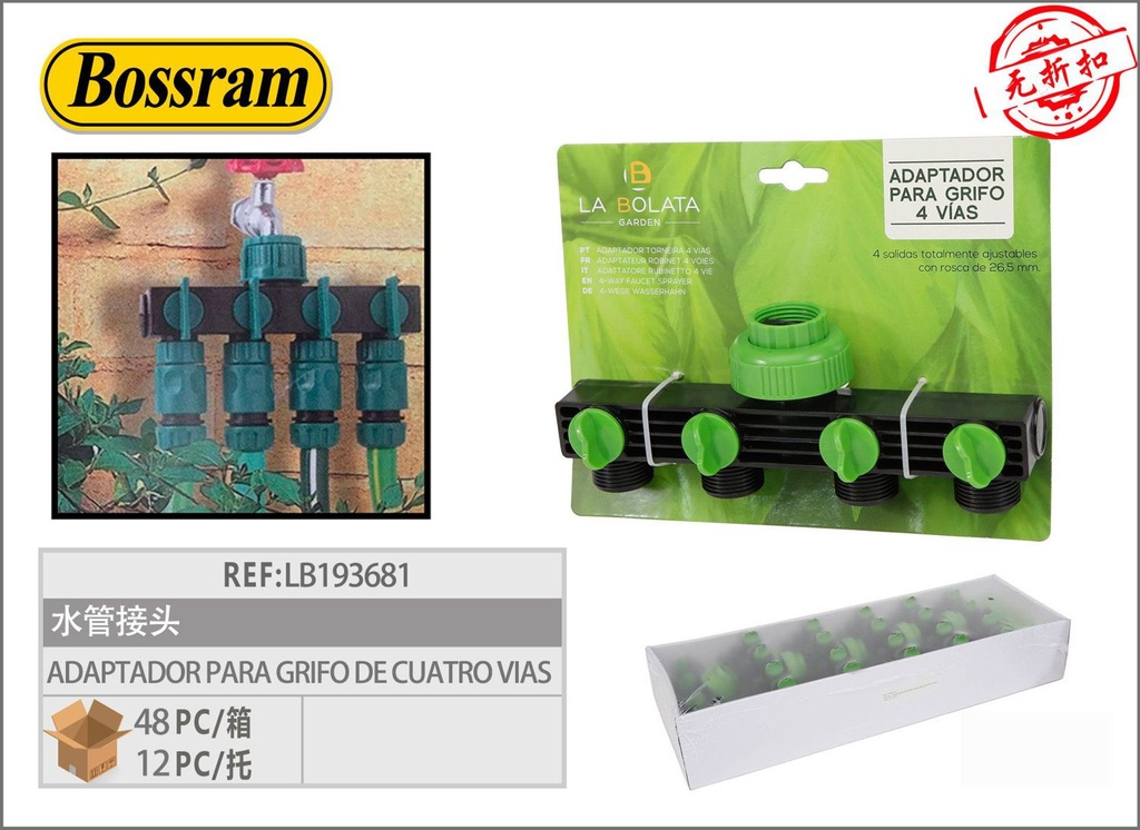 Adaptador para grifo de cuatro vías para jardín