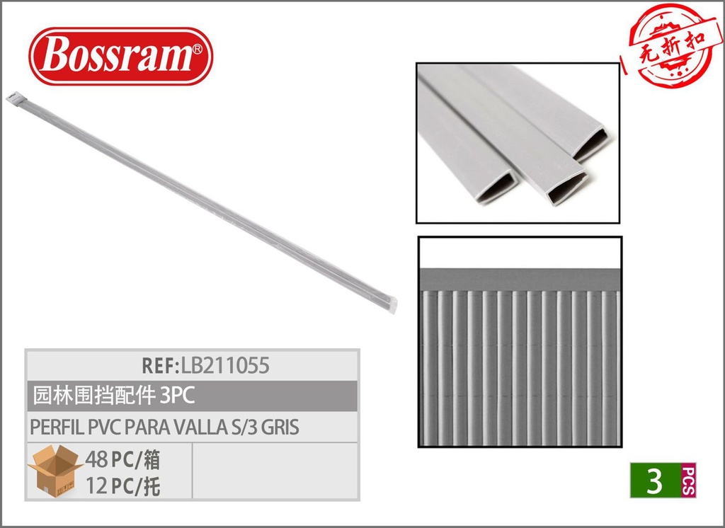 Perfil PVC para valla de jardín 3 piezas gris para cercas