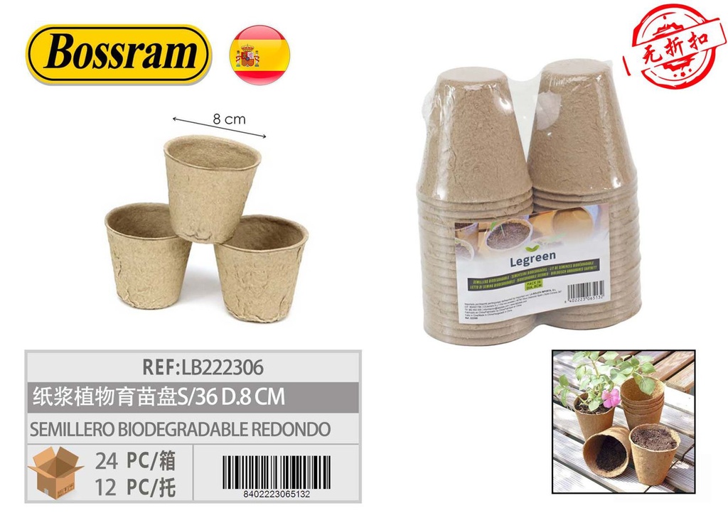 Semillero biodegradable redondo s/36 d.8 cm para jardinería