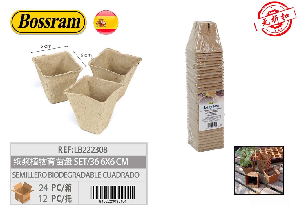 Semillero biodegradable cuadrado 36 celdas 6x6 cm para cultivo