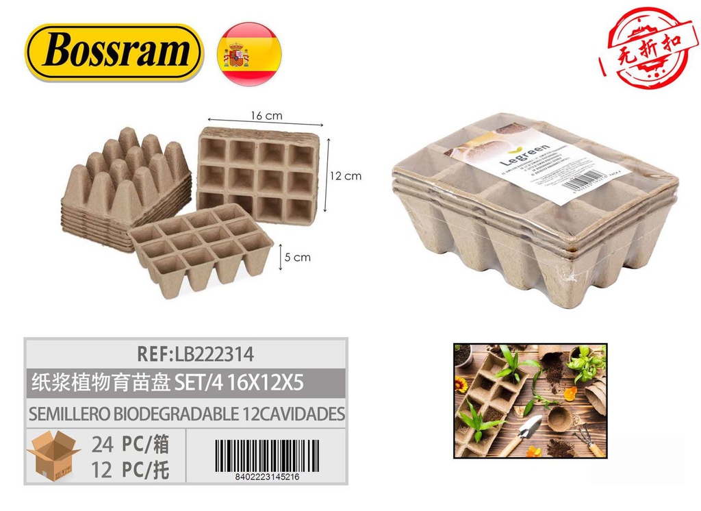 Semillero biodegradable 12 cavidades set/4 16x12x5 para jardinería