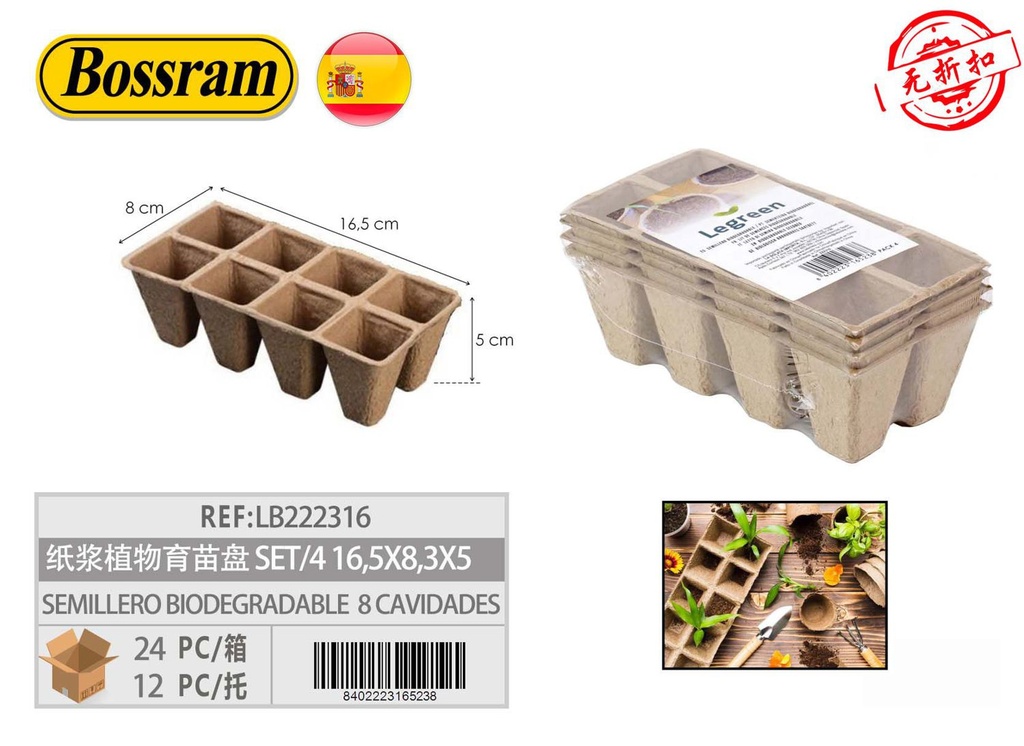 Semillero biodegradable 8 cavidades set/4 16.5x8.3x5 cm para jardín