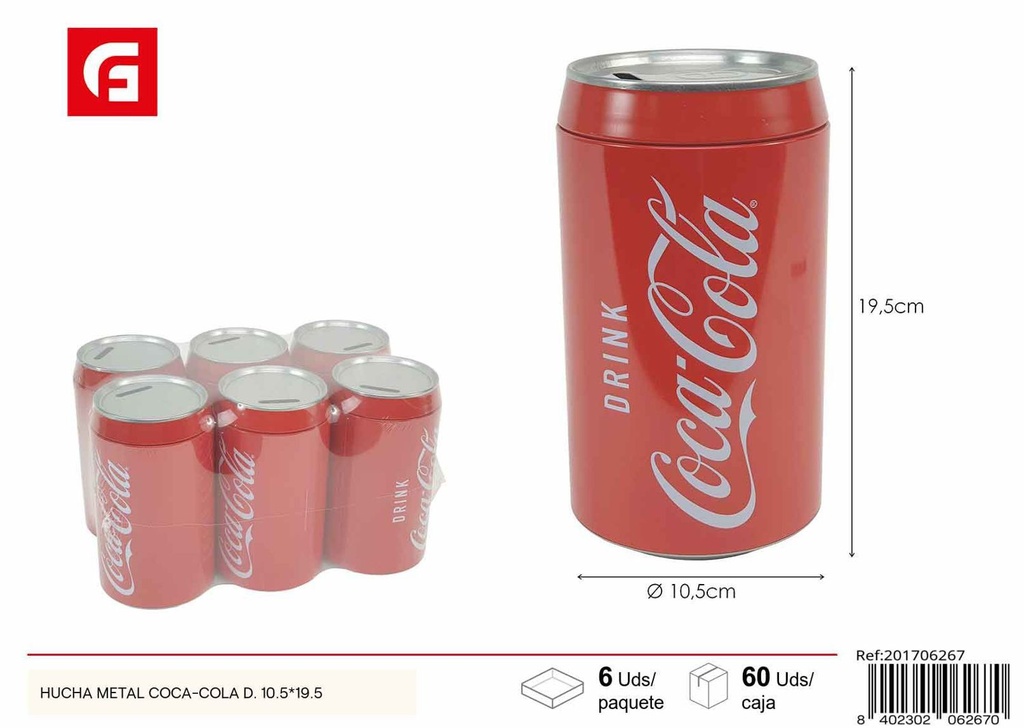 Hucha de metal Coca-Cola D. 10.5x19.5cm para ahorro