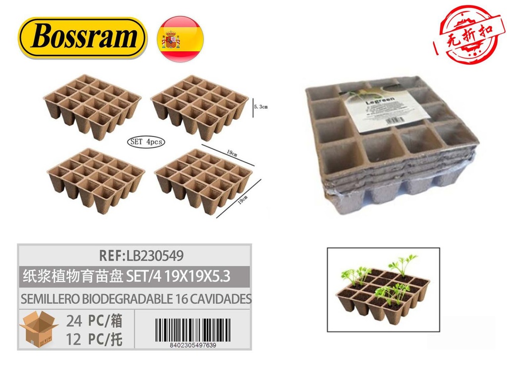 Semillero biodegradable 16 cavidades set/4 19x19x5.3cm para jardín