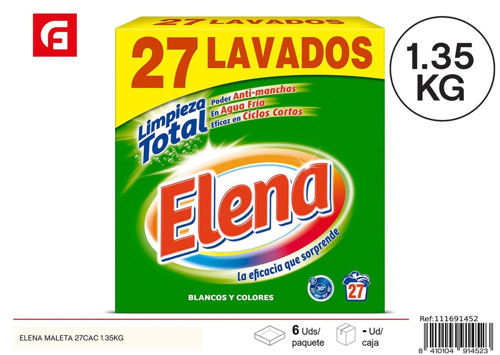 Detergente en polvo Elena maleta 27 cac 1.35kg, limpieza de hogar