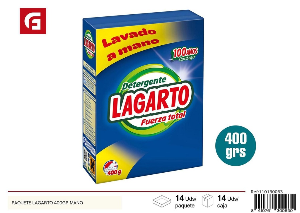 Paquete detergente Lagarto 400gr para lavado a mano